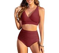 CMTOP Costume da Bagno Donna Due Pezzi Vita Alta, Scollo a V Push Up Costumi da Bagno, Imbottito Reggiseno Bikini Set, Regolabile Costumi da Mare, Beachwear Swimwear per Spiaggia Piscina(Bordeaux,M)