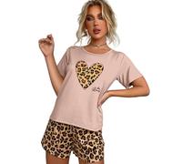 CMZYBBD Pigiama Donna Estivo Set Pigiama da Donna con Stampa Leopardata, Stampa A Cuore Love, Pullover Largo A Maniche Corte, Abbigliamento da Casa da Donna, Set Pigiama-Rosa-s