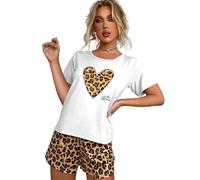 CMZYBBD Pigiama Donna Estivo Set Pigiama da Donna con Stampa Leopardata, Stampa A Cuore Love, Pullover Largo A Maniche Corte, Abbigliamento da Casa da Donna, Set Pigiama-Bianco-s