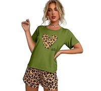 CMZYBBD Pigiama Donna Estivo Set Pigiama da Donna con Stampa Leopardata, Stampa A Cuore Love, Pullover Largo A Maniche Corte, Abbigliamento da Casa da Donna, Set Pigiama-Verde-s