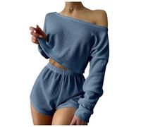 CMZYBBD Pigiama Donna Estivo Set Pigiama per Donna Set da Salotto Top A Maniche Lunghe E Pantaloncini Outfit Pigiama da Salotto Set Pigiama con Spalle Scoperte-Blu-l