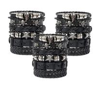 CNAFGBGG 6 Pezzi/Set Bracciale in Pelle Nera Braccialetti Goth Elastici Morbidi Intrecciati Regolabili Braccialetto Teschio di Halloween Punk Rock per Uomo Donna..