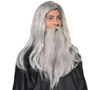 CNAFGBGG Barba e parrucca da mago 1 set Costume da mago da lungo grigio Costume da fibra resistente al calore Parrucca da Babbo Natale Costumi di Halloween Accessorio cosplay per adulti.