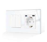 CNBINGO Interruttore della luce con presa USB, presa Schuko in vetro da incasso con connettore USB e porta di tipo C (3,1 Amp totale), interruttore luce a levetta, interruttore bianco a 2 scomparti,