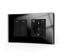 CNBINGO Interruttore della luce con presa USB, presa Schuko in vetro da incasso con connettore USB e porta di tipo C (3,1 Amp totale), interruttore luce a levetta, interruttore nero a 2 scomparti,