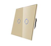 CNBINGO Interruttore della luce touch, doppio interruttore della luce dorato, pannello in vetro temperato con retroilluminazione a LED, nessun cavo neutro richiesto, 2-Gang 1-Way, AC 240V 500W/Gang
