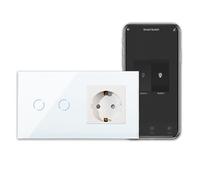 CNBINGO Interruttore touch intelligente con presa Schuko da incasso con cornice in vetro, interruttore della luce WLAN da lavoro con Alexa, interruttore da parete doppio in bianco