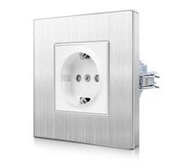 CNBINGO Presa in alluminio con ganci, colore argento, semplice presa Schuko da incasso, contatto di protezione, da incasso con telaio in alluminio, 1 scomparto