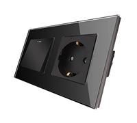 CNBINGO Presa Schuko con interruttore della luce, colore nero, interruttore da parete con piastra in vetro, con punti fluorescenti, 1 vano, 1 polo