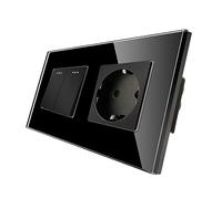 CNBINGO Presa Schuko con interruttore della luce da incasso, colore nero, interruttore da parete con piastra in vetro, con punti fluorescenti, 2 scomparti, interruttore di commutazione