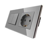 CNBINGO Presa Schuko con interruttore della luce da incasso, interruttore da parete grigio con piastra in vetro, con punti fluorescenti, 2 scomparti, interruttore a 1 polo