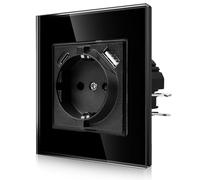 CNBINGO Presa Singola Con Artigli, Schuko in Vetro Da Incasso Con Connettore USB (Tipo C e USB-A Max. 2,1 Amp), Semplice Presa Da Parete Nera Con Sicurezza per Bambini