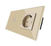 CNBINGO Socket con interruttore della luce - con pannello in vetro tattile e LED di stato - Interruttore 1 vie 1 polo - Oro Interruttore tattile e presa - non è richiesta la scala neutra