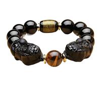CNDBAHHE Braccialetto della ricchezza in Ossidiana Nera FEN Bracciale in Ossidiana, Doppia Ossidiana Gialla, Occhio di Tigre, allontana Gli Spiriti maligni, Doppio pixiu,(Double_14mm)