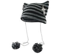 Cndiyald Cappello a Cuffia con Orecchie di Gatto a Strisce Grigie Nere con Palla di Peluche Croce, Morbido ed Elastico Y2K per Donne e Ragazze Invernali