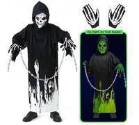 Cnexmin Costume da bambino Grim Reaper Costume da fantasma fosforescente Costume da fantasma con cappuccio e guanti neri da mietitore Halloween Party Cosplay Outfit 01,L