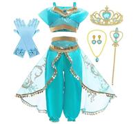 Cnexmin Costume da principessa Jasmine di Aladdin, per bambina, per compleanno, Natale, Halloween, feste, carnevale, cosplay. Abito da sera e gioielli, 2-3 anni/100 cm
