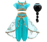 Cnexmin Costume da principessa Jasmine di Aladdin, per bambina, per compleanno, Natale, Halloween, feste, carnevale, cosplay. Abito da sera e parrucca, 7-8 anni/150 cm
