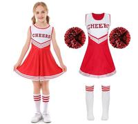 Cnexmin Deguisement Cheerleader Costume da cheerleader per ragazze Uniforme da cheerleader Costume da cheerleader con pompon a maniche corte per Halloween Carnevale Mascarade,3-12 anni, rosso, 170 cm