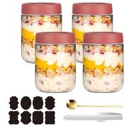 CNKHDZ 4 Bicchieri Overnight Oats, Bicchieri Overnight Oats con Coperchio, Meal Prep, Barattoli Mason Jar Riutilizzabili per Marmellata Fatta in Casa, Mason Jar con Cucchiaio, Etichetta (Rosso, 500 ML