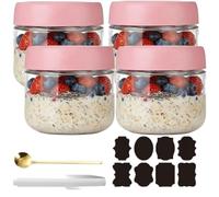 CNKHDZ 4 Pezzi Bicchieri Overnight Oats, Bicchieri Overnight Oats con Coperchio, Meal Prep, Barattoli Riutilizzabili per Marmellata Fatta in Casa, Mason Jar con Cucchiaio, Etichetta (Rosa, 300 ML)