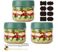 CNKHDZ Overnight Oats - 3 barattoli Overnight Oats con coperchio, Meal Prep, riutilizzabili per marmellate fatte in casa, Mason Jar con cucchiaio, etichetta (verde, 300 ML)