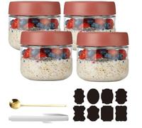 CNKHDZ Overnight Oats - 4 bicchieri Overnight Oats con coperchio, Meal Prep, riutilizzabili, per marmellate fatte in casa, Mason Jar con cucchiaio, etichetta (rosso, 300 ML)