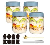 CNKHDZ Overnight Oats - 4 bicchieri Overnight Oats con coperchio, Meal Prep, riutilizzabili per marmellate fatte in casa, Mason Jar con cucchiaio, etichetta (blu, 500 ML)