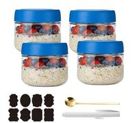 CNKHDZ Overnight Oats - 4 bicchieri Overnight Oats con coperchio, Meal Prep, riutilizzabili per marmellate fatte in casa, Mason Jar con cucchiaio, etichetta (blu, 300 ML)