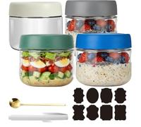 CNKHDZ Overnight Oats - 4 bicchieri Overnight Oats con coperchio, Meal Prep, riutilizzabili per marmellate fatte in casa, Mason Jar con cucchiaio, etichetta (multicolore, 300 ML)