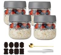 CNKHDZ Overnight Oats - 4 bicchieri Overnight Oats con coperchio, Meal Prep, riutilizzabili per marmellate fatte in casa, Mason Jar con cucchiaio, etichetta (grigio, 300 ML)