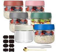CNKHDZ Overnight Oats - 6 barattoli Overnight Oats con coperchio, Meal Prep, riutilizzabili per marmellate fatte in casa, Mason Jar con cucchiaio, etichetta (multicolore, 300 ML)