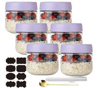 CNKHDZ Overnight Oats - 6 barattoli Overnight Oats con coperchio, Meal Prep, riutilizzabili per marmellate fatte in casa, Mason Jar con cucchiaio, etichetta (Lila, 300 ML)
