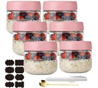 CNKHDZ Overnight Oats - 6 barattoli Overnight Oats con coperchio, Meal Prep, riutilizzabili, per marmellate fatte in casa, Mason Jar con cucchiaio, etichetta (rosa, 300 ML)