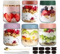CNKHDZ Overnight Oats - 6 barattoli Overnight Oats con coperchio, Meal Prep, riutilizzabili per marmellate fatte in casa, Mason Jar con cucchiaio, etichetta (multicolore, 500 ML)
