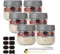 CNKHDZ Overnight Oats - 6 barattoli Overnight Oats con coperchio, Meal Prep, riutilizzabili per marmellate fatte in casa, Mason Jar con cucchiaio, etichetta (grigio, 300 ML)