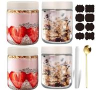 CNKHDZ Vasetto di Avena per la Notte,Bianco,4 Pezzo 500ml Contenitore Vetro per Yogurt,Overnight Oats Jar Vasetti per Yogurtvetro con coperchi 'avena per la,insalata,cereali e spuntini