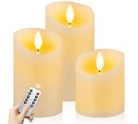 CNMTCCO Candele a LED senza fiamma con telecomando - Set di 3 (10/12,5/15 cm, diametro 7,5 cm) - Candele in vera cera con effetto tremolante - Funziona a batterie per Natale, matrimonio, festa e