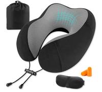 CNMTCCO Cuscino Cervicale da Viaggio, Regolabile Cuscino Aereo in Memory Foam, Poggiatesta Aereo con Tappi per le Orecchie, Mascherina per Gli Occhi, Custodia per il Trasporto(Nero)