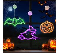 CNMTCCO Decorazioni per Halloween, zucche arancioni, pipipistrello verde e strega viola con timer, luci per finestre di Halloween con ventose, luci interne a batteria per la decorazione delle finestre