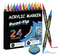 CNMTCCO Matite acriliche per pietre impermeabili, 24 colori, 0,5 - 5 mm, doppia punta (punta fine e pennello), multimarker acrilico per pittura, carta, gonna, legno, uovo, tela, ceramica, tessuto, fai