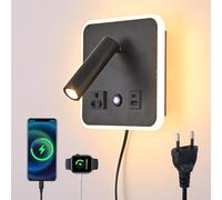 CNMYKYDS Plug in Dimmable Sconce a parete con interruttore a sfioramento, Headboard Bedside Wall Lamp, Multifunction Wall Light con porte USB C + A (Nero (quadrato))