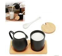 CnosDB Set per Latte e Zucchero, Ceramica Lattiera e Zuccheriera Vassoio di bambù con Coperchio a Cucchiaio Adatto per Cucine e caffè Lavabile in Lavastoviglie e Utilizzabile nel Microonde