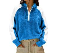 Cnrfeoap Pullover in pile da donna, comfort foderato in pile, colletto a blocchi di colore con cerniera a un quarto, abbigliamento invernale da donna in pile pullover maglione, blu cielo, XL