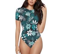 CNTDBU Body da donna a maniche corte con motivo floreale grigio e bianco, morbido, elasticizzato, con cavallo a scatto, top versatile per jeans, gonne, pantaloni, uso quotidiano, Nero , M