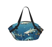 CNTDBU Coperta da picnic 2 in 1 con squali sotto il mare, pieghevole, impermeabile, tappetino rotondo per spiaggia, parco, borsa da campeggio portatile con tasche portaoggetti per avventure all'aperto