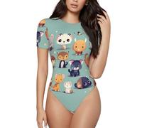 CNTDBU Cute Little Animals - Body da donna a maniche corte, morbido, elasticizzato, con scollo rotondo, con cavallo a scatto, top versatile per jeans, gonne, pantaloni, uso quotidiano, Nero , XL