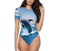 CNTDBU Jumping Up Dolphins, body da donna a maniche corte, morbido elasticizzato, con scollo rotondo, con cavallo a scatto, top versatile per jeans, gonne, pantaloni, uso quotidiano, Nero , M