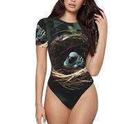 CNTDBU Little Bird Nest - Body da donna a maniche corte, morbido elasticizzato, con scollo rotondo, con cavallo a scatto, top versatile per jeans, gonne, pantaloni, uso quotidiano, Nero , L