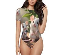 CNTDBU Mother and child rats - Body da donna a maniche corte, morbido elasticizzato, con scollo rotondo, con cavallo a scatto, top versatile per jeans, gonne, pantaloni, uso quotidiano, Nero , M